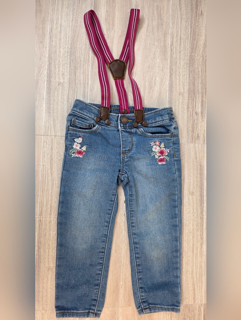 Adorable 2T OshKosh B'gosh Blue Denim Jeans with Pink Striped Suspenders